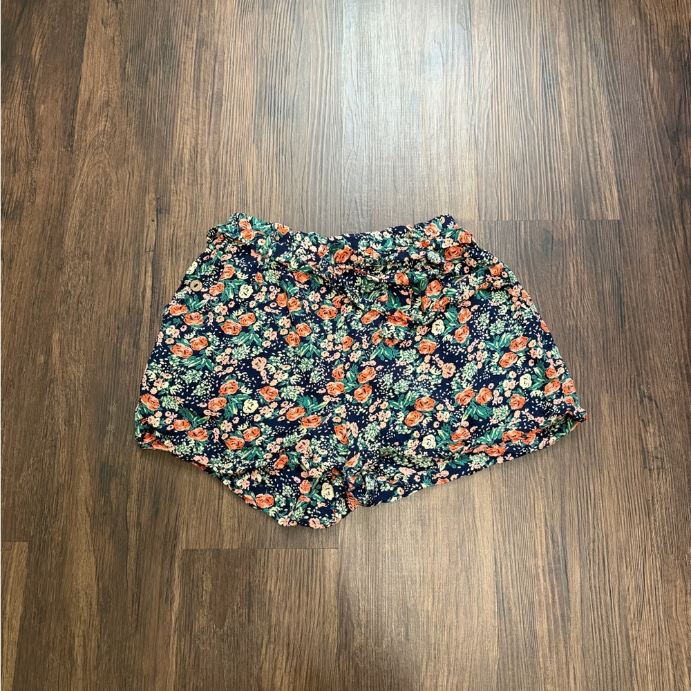 Angie High Waist Floral Women's Shorts - Navy and Orange